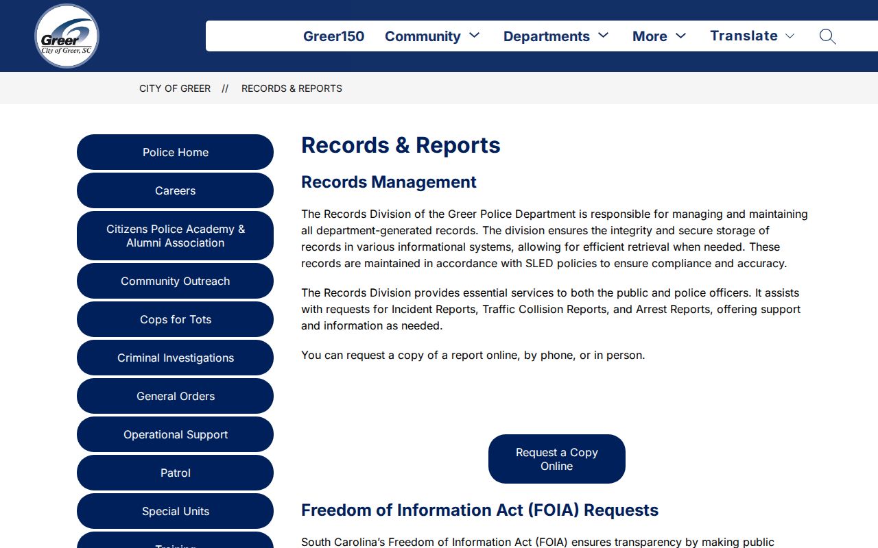 Spartanburg County Greer police booking-record request information